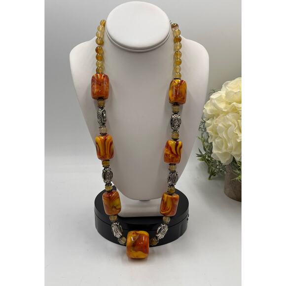 Vintage Yellow Red Orange Swirl Amber Cherry Butterscotch Bakelite Necklace 150g - Picture 10 of 11